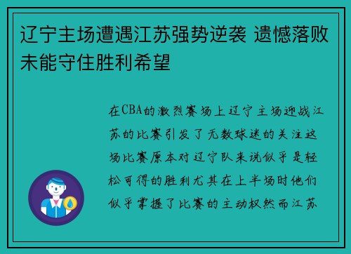 辽宁主场遭遇江苏强势逆袭 遗憾落败未能守住胜利希望