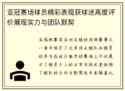 亚冠赛场球员精彩表现获球迷高度评价展现实力与团队默契