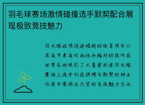 羽毛球赛场激情碰撞选手默契配合展现极致竞技魅力