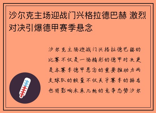 沙尔克主场迎战门兴格拉德巴赫 激烈对决引爆德甲赛季悬念