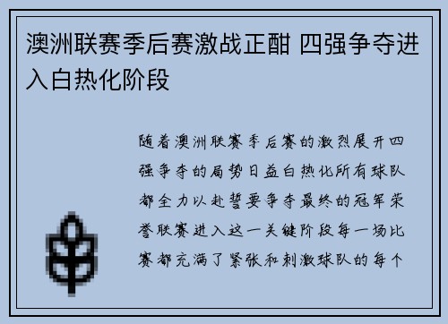 澳洲联赛季后赛激战正酣 四强争夺进入白热化阶段