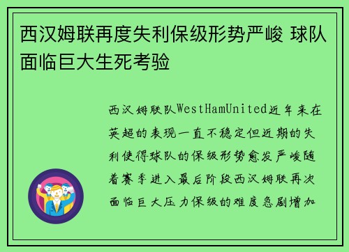西汉姆联再度失利保级形势严峻 球队面临巨大生死考验